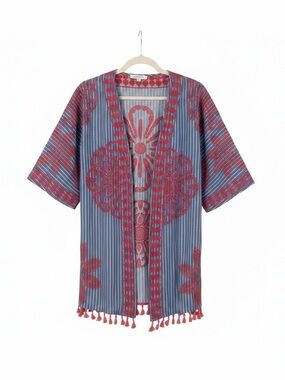 THML Embroidered Tassel Open Front Kimono Jacket Blue Coral Size X Small